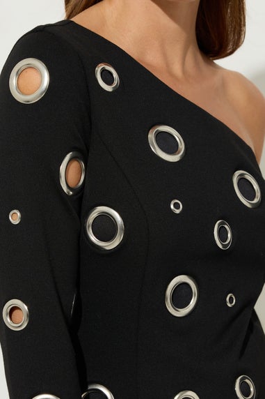 Star By Julien Macdonald Black One Shoulder Eyelet Dress