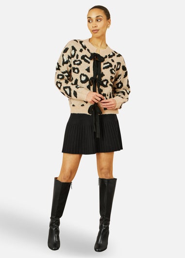 Yumi Beige Animal Print Intarsia Tie Front Cardigan