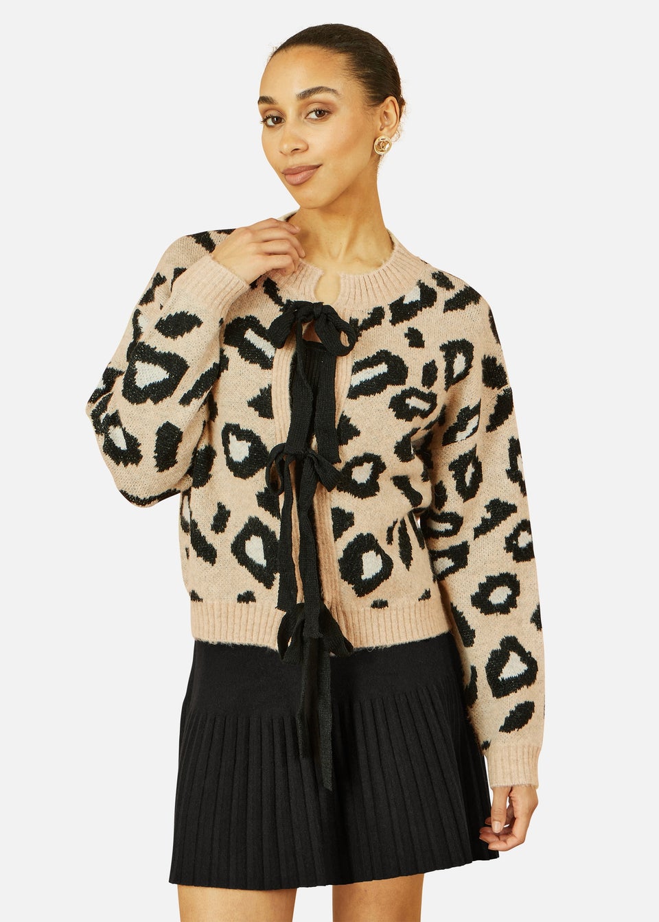 Yumi Beige Animal Print Intarsia Tie Front Cardigan