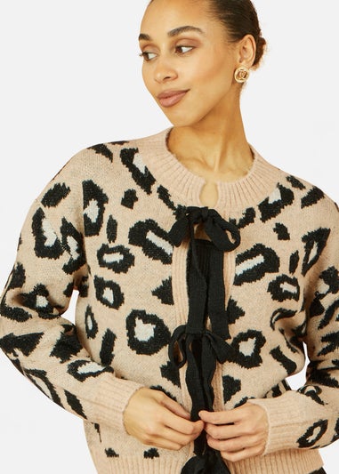 Yumi Beige Animal Print Intarsia Tie Front Cardigan