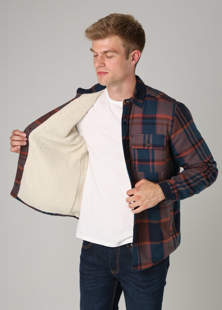 Tokyo Laundry Navy Cotton Checked Long Sleeve Shirt with Sherpa Lining