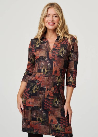 Izabel London Brown Printed 3/4 Sleeve Collared Short Dress