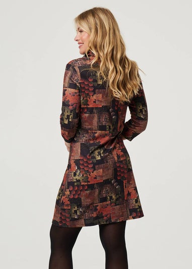 Izabel London Brown Printed 3/4 Sleeve Collared Short Dress