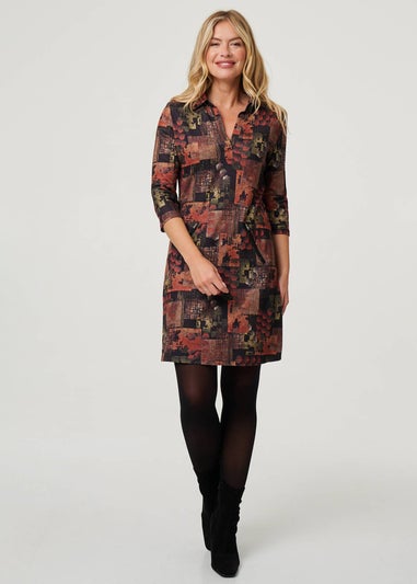 Izabel London Brown Printed 3/4 Sleeve Collared Short Dress
