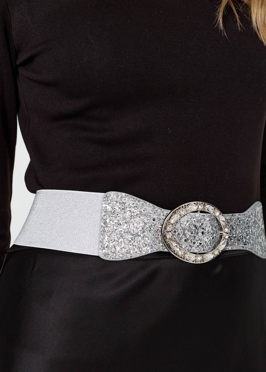 Izabel London Silver Sparkly Embellished Metallic Buckle Belt
