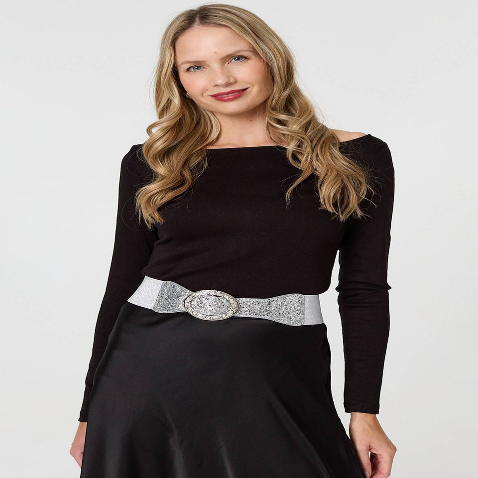 Izabel London Silver Sparkly Embellished Metallic Buckle Belt