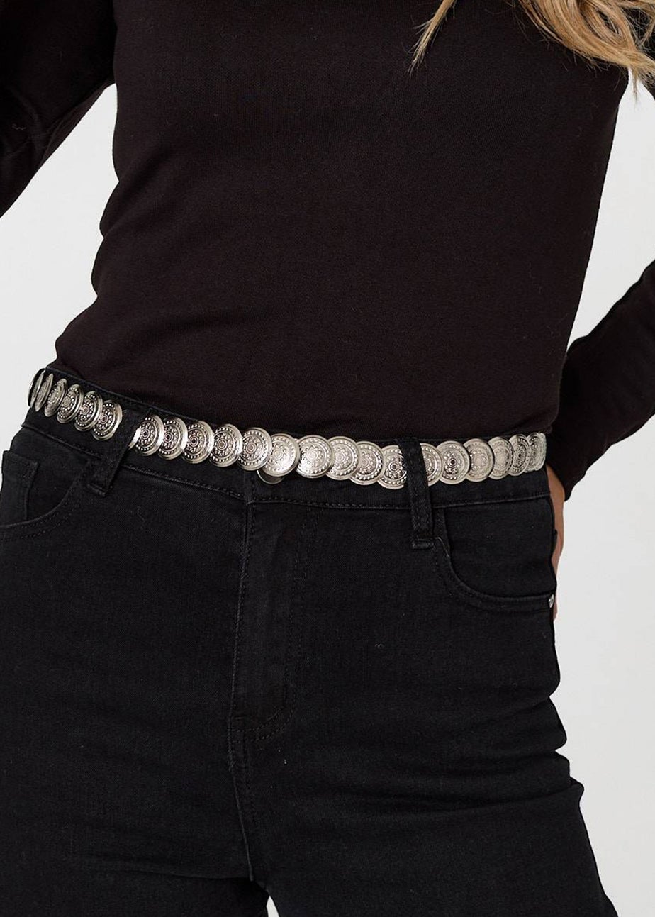 Izabel London Silver Metallic Coin Detail Skinny Belt