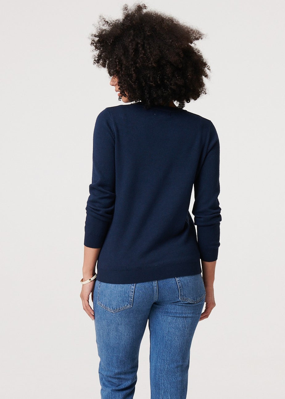Izabel London Navy Textured  Soft Knit Long Sleeve Jumper