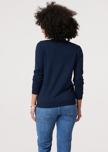 Izabel London Navy Textured  Soft Knit Long Sleeve Jumper