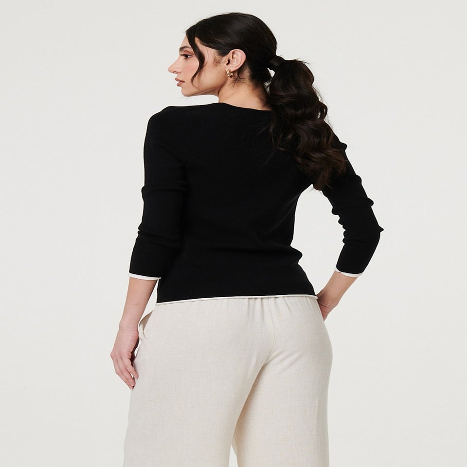 Izabel London Black Contrast Trim V-Neck Knit Top