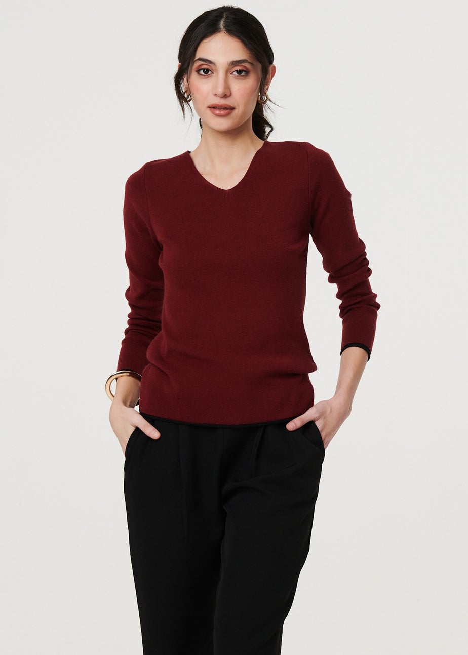 Izabel London Red Contrast Trim V-Neck Knit Top