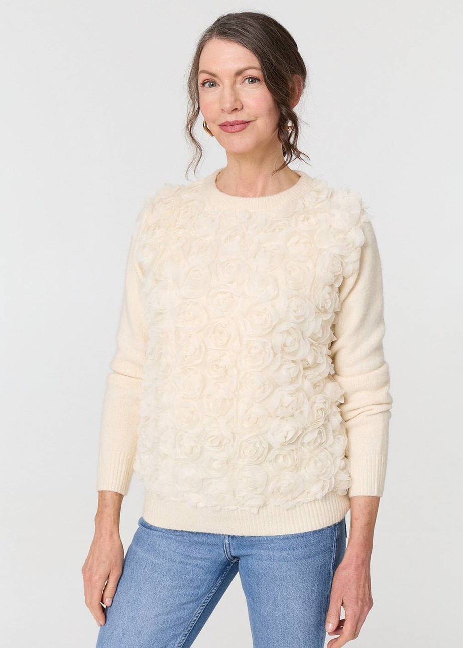 Izabel London Cream Rose Texture Embellished Jumper