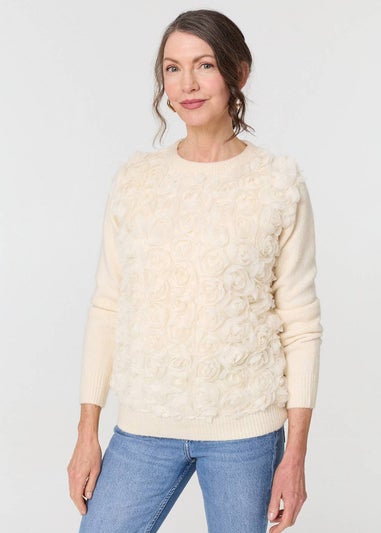 Izabel London Cream Rose Texture Embellished Jumper