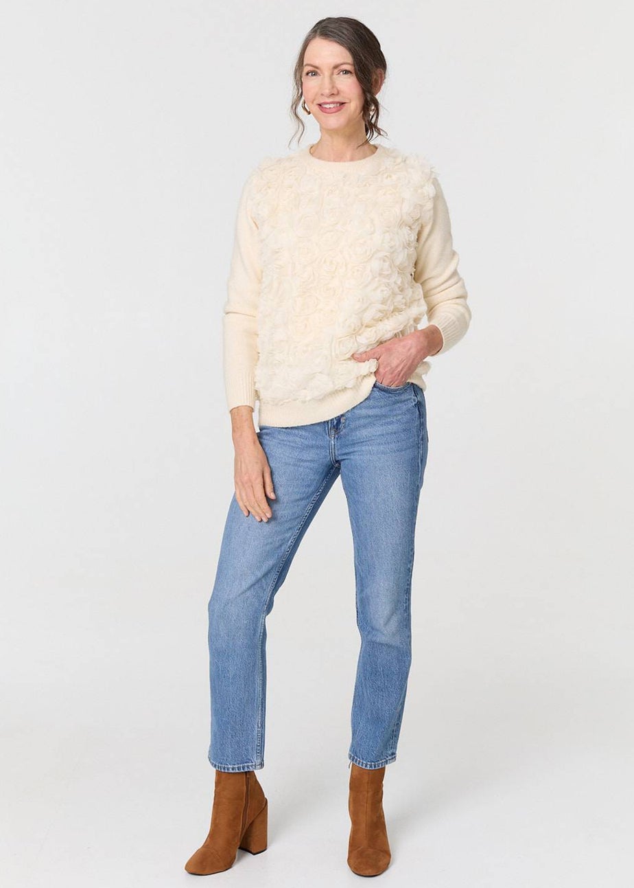 Izabel London Cream Rose Texture Embellished Jumper
