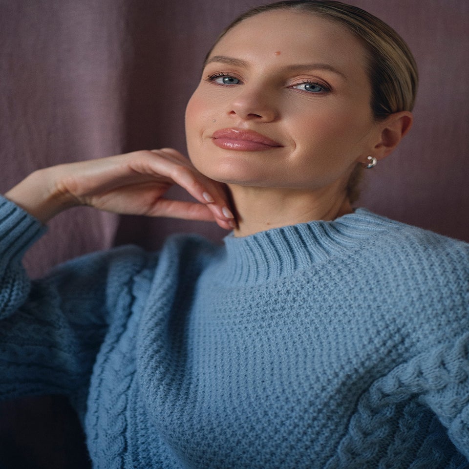 Izabel London Blue Chevron Texture Knit High Neck Jumper