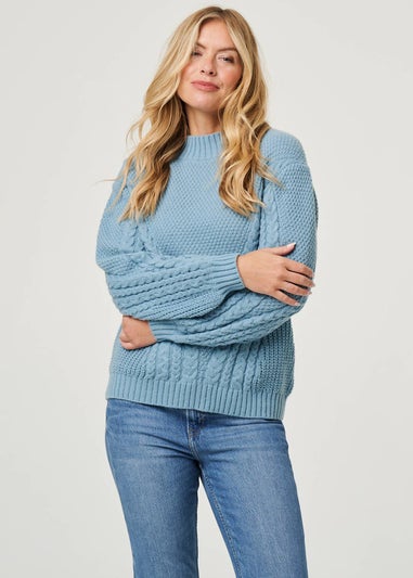 Izabel London Blue Chevron Texture Knit High Neck Jumper