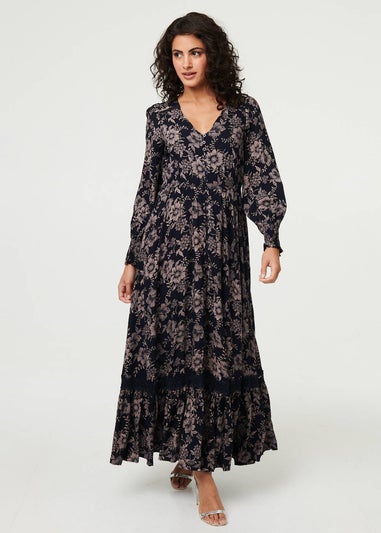 Izabel London Navy Floral Lace Long Sleeve Maxi Dress