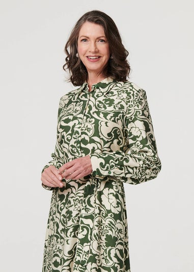 Izabel London Green Printed Long Sleeve Shirt Midi Dress