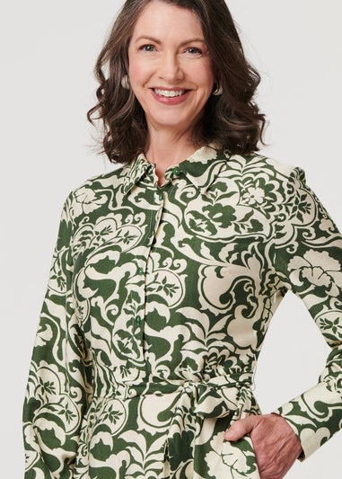 Izabel London Green Printed Long Sleeve Shirt Midi Dress