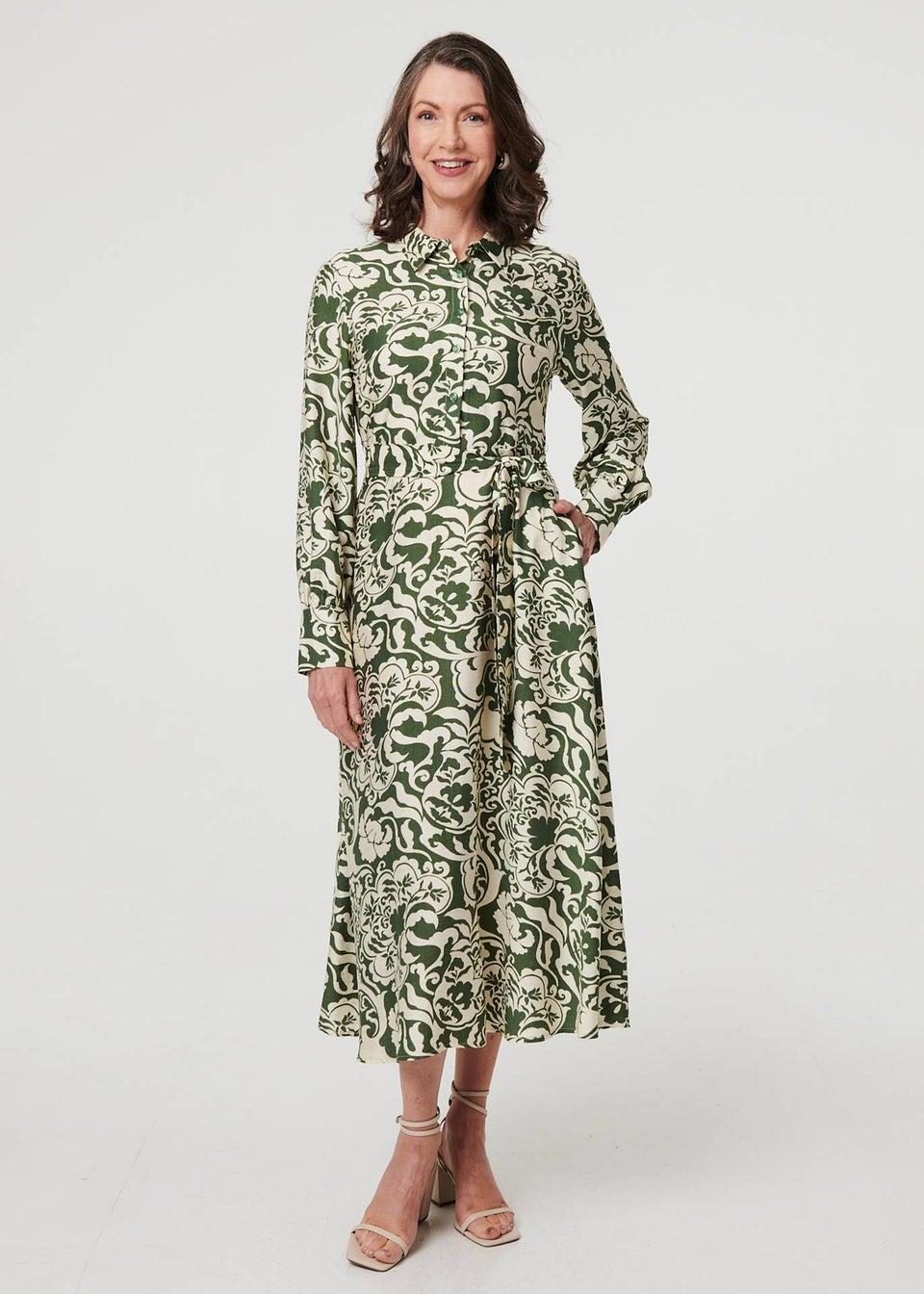 Izabel London Green Printed Long Sleeve Shirt Midi Dress