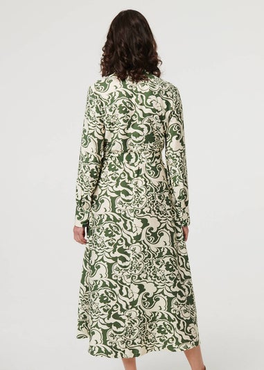 Izabel London Green Printed Long Sleeve Shirt Midi Dress