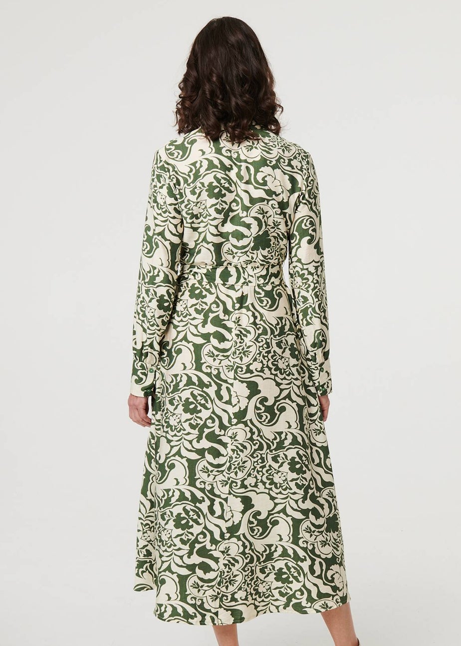 Izabel London Green Printed Long Sleeve Shirt Midi Dress