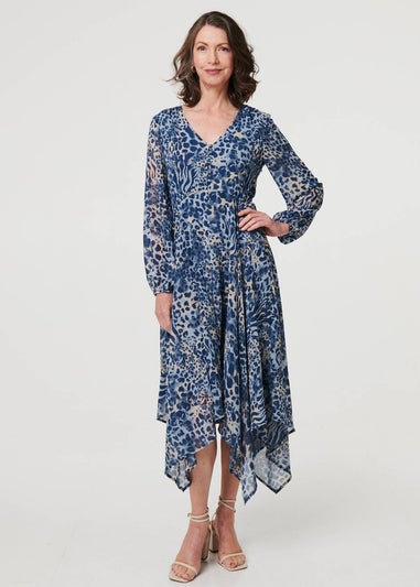 Izabel London Blue Animal Print Sheer Hanky Hem Midi Dress