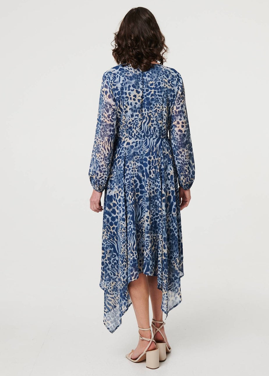 Izabel London Blue Animal Print Sheer Hanky Hem Midi Dress