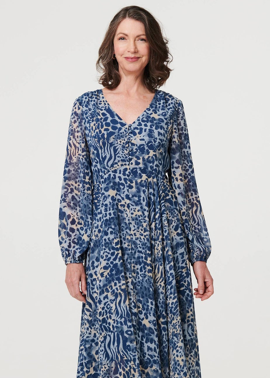 Izabel London Blue Animal Print Sheer Hanky Hem Midi Dress