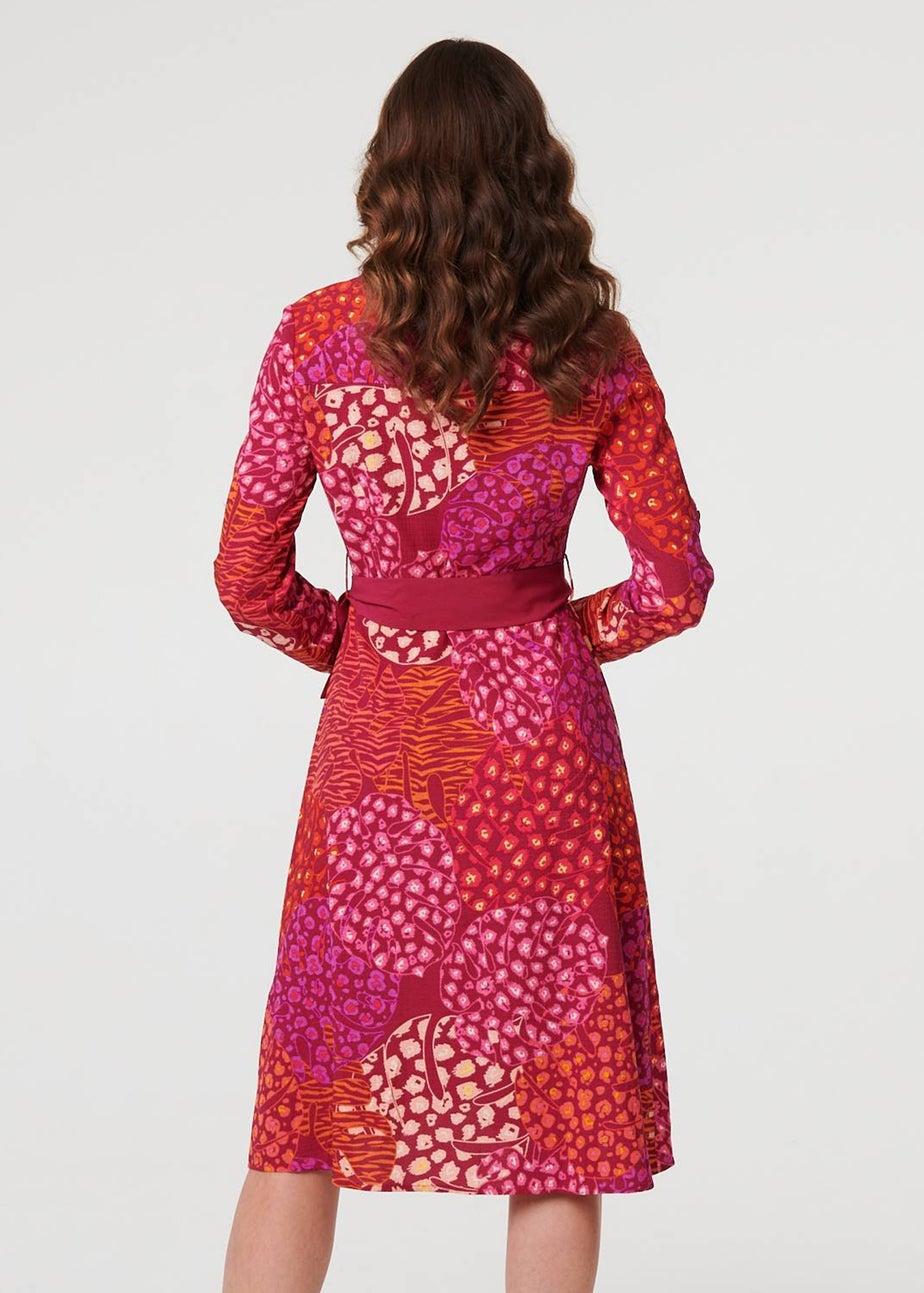 Izabel London Pink Printed Long Sleeve Collared Midi Dress