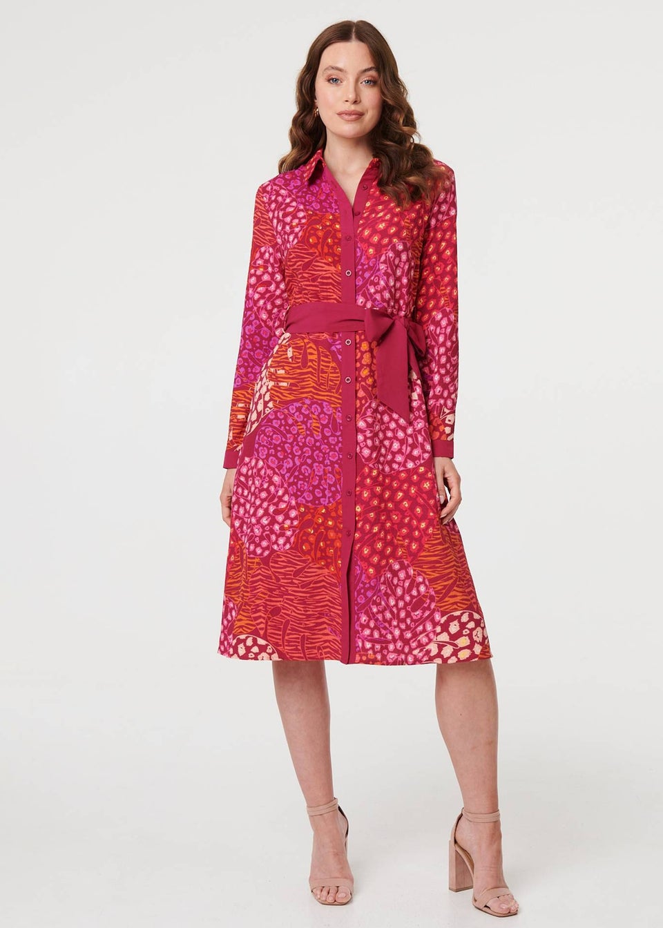 Izabel London Pink Printed Long Sleeve Collared Midi Dress