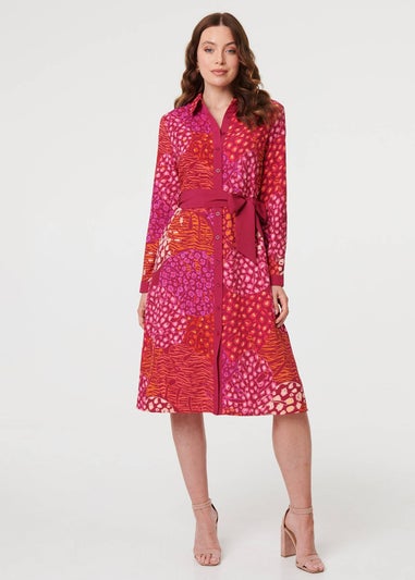 Izabel London Pink Printed Long Sleeve Collared Midi Dress