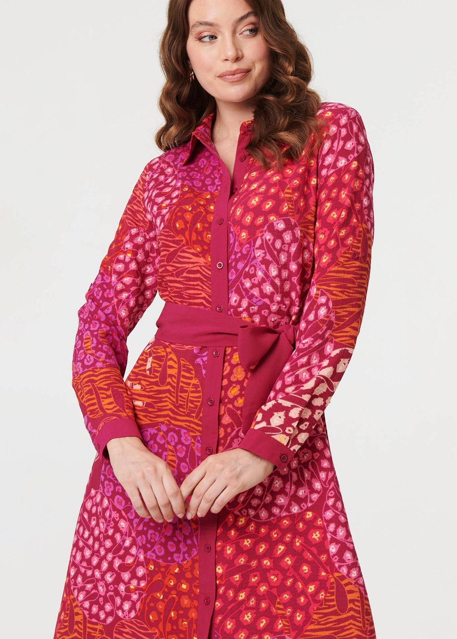 Izabel London Pink Printed Long Sleeve Collared Midi Dress