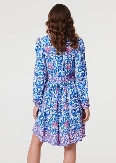 Izabel London Blue Printed Long Sleeve Shirred Short Dress