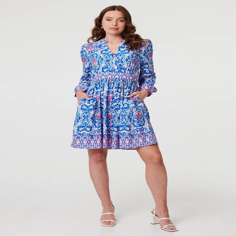 Izabel London Blue Printed Long Sleeve Shirred Short Dress