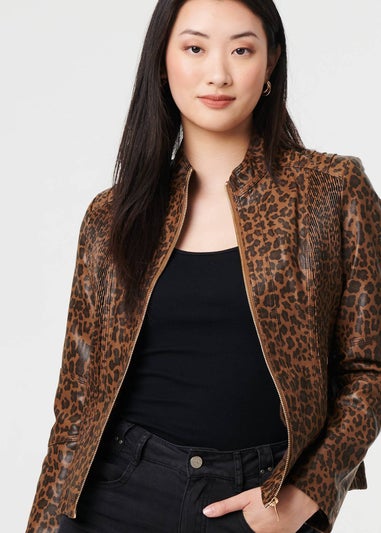 Izabel London Brown Animal Print Faux Leather Jacket