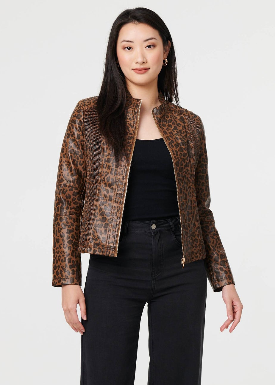 Izabel London Brown Animal Print Faux Leather Jacket