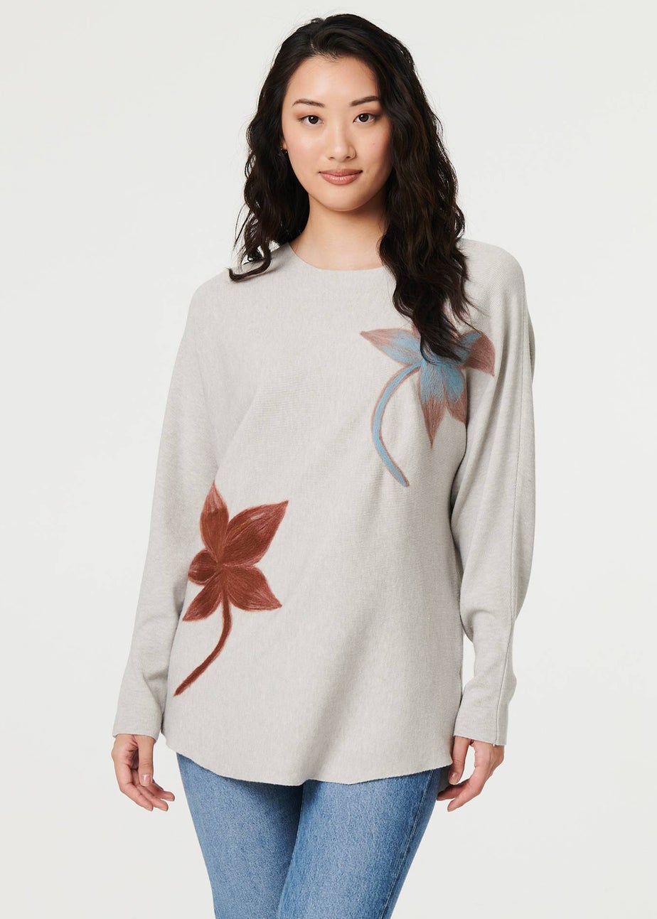 Izabel London Grey Leaf Print Batwing Sleeve Relaxed Top