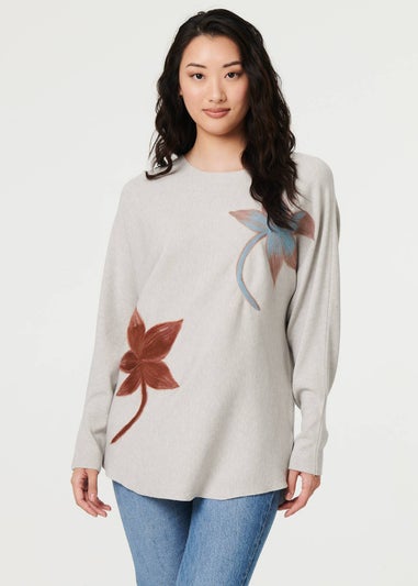 Izabel London Grey Leaf Print Batwing Sleeve Relaxed Top