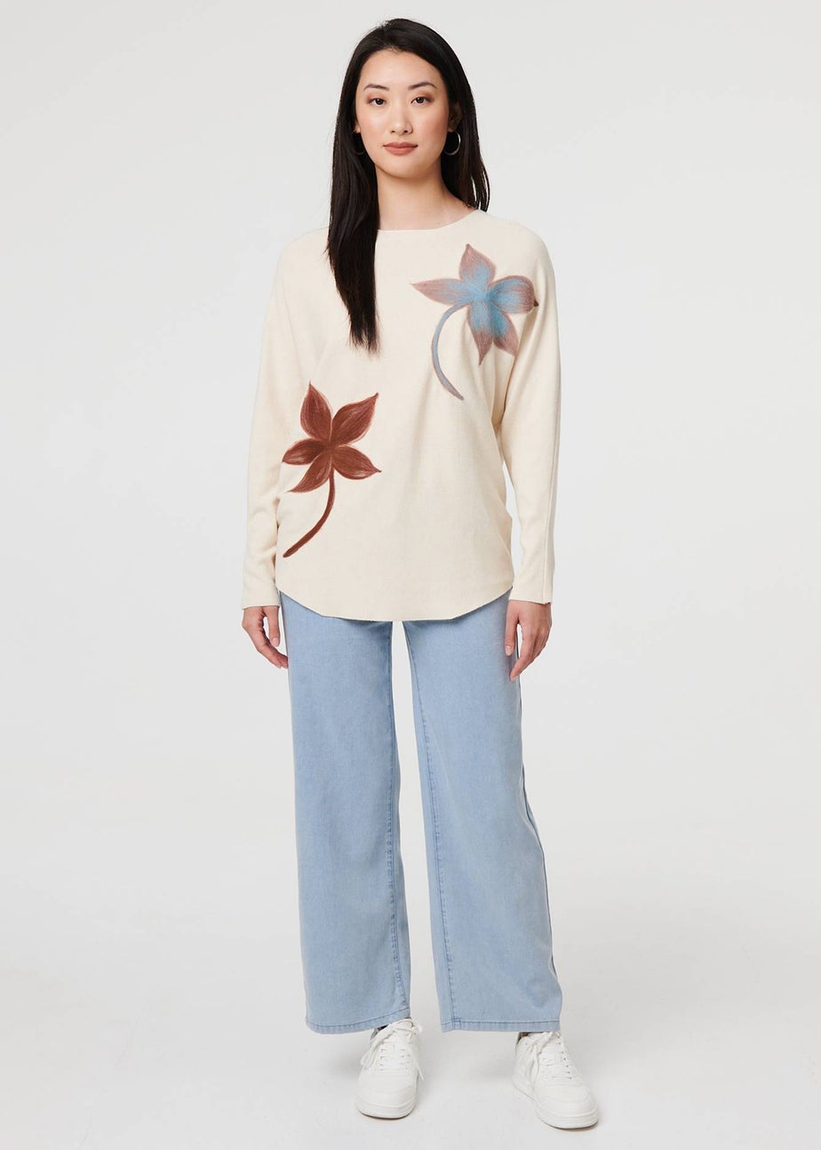 Izabel London Beige Leaf Print Batwing Sleeve Relaxed Top