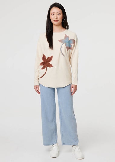 Izabel London Beige Leaf Print Batwing Sleeve Relaxed Top