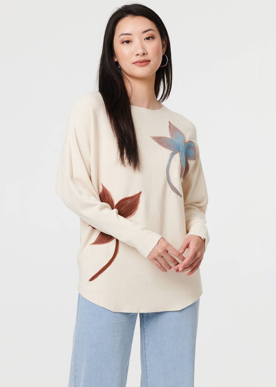 Izabel London Beige Leaf Print Batwing Sleeve Relaxed Top