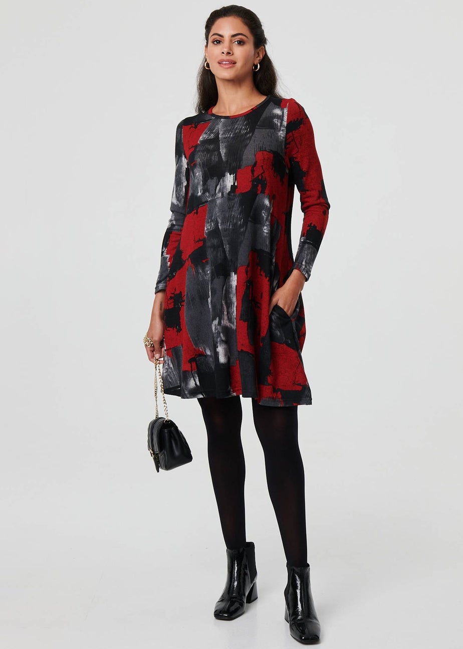 Izabel London Red Printed Long Sleeve Short Shift Dress