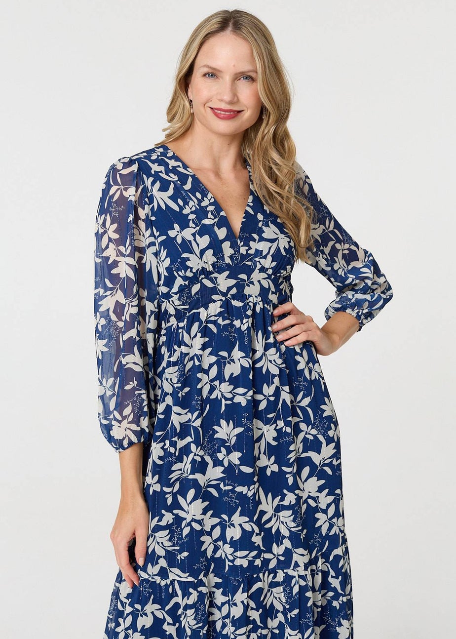 Izabel London Navy Leaf Print Sheer Layer Empire Maxi Dress
