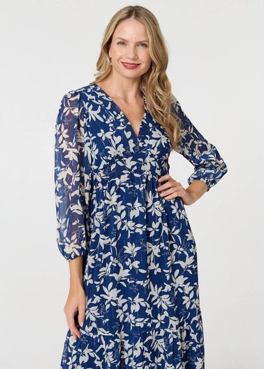 Izabel London Navy Leaf Print Sheer Layer Empire Maxi Dress