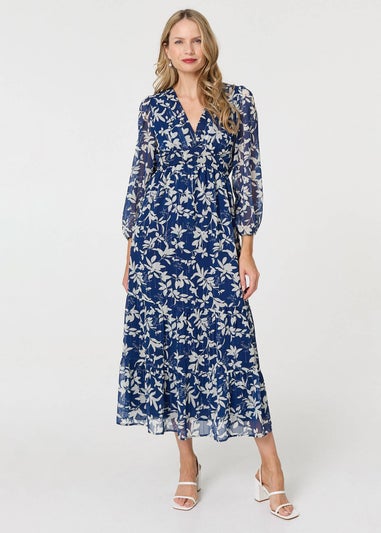 Izabel London Navy Leaf Print Sheer Layer Empire Maxi Dress