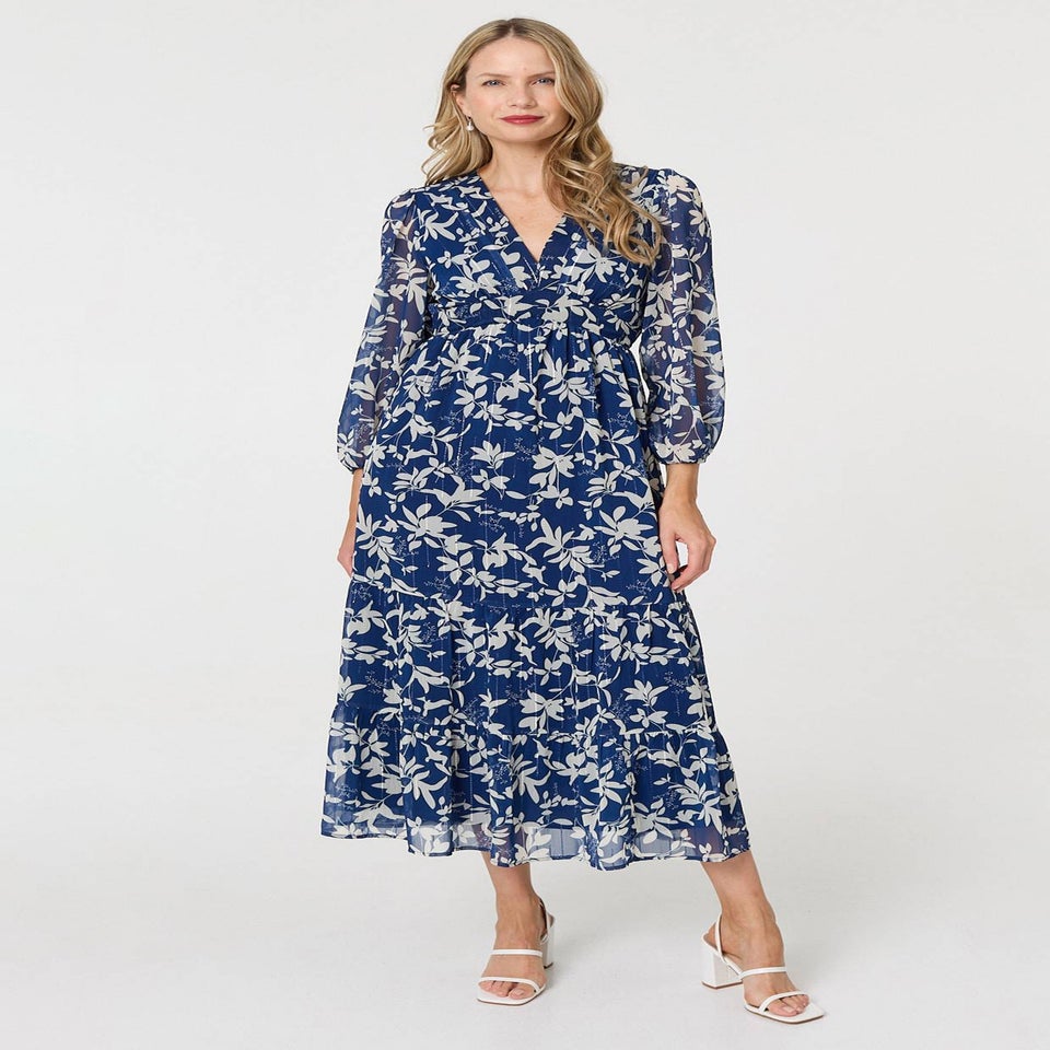 Izabel London Navy Leaf Print Sheer Layer Empire Maxi Dress