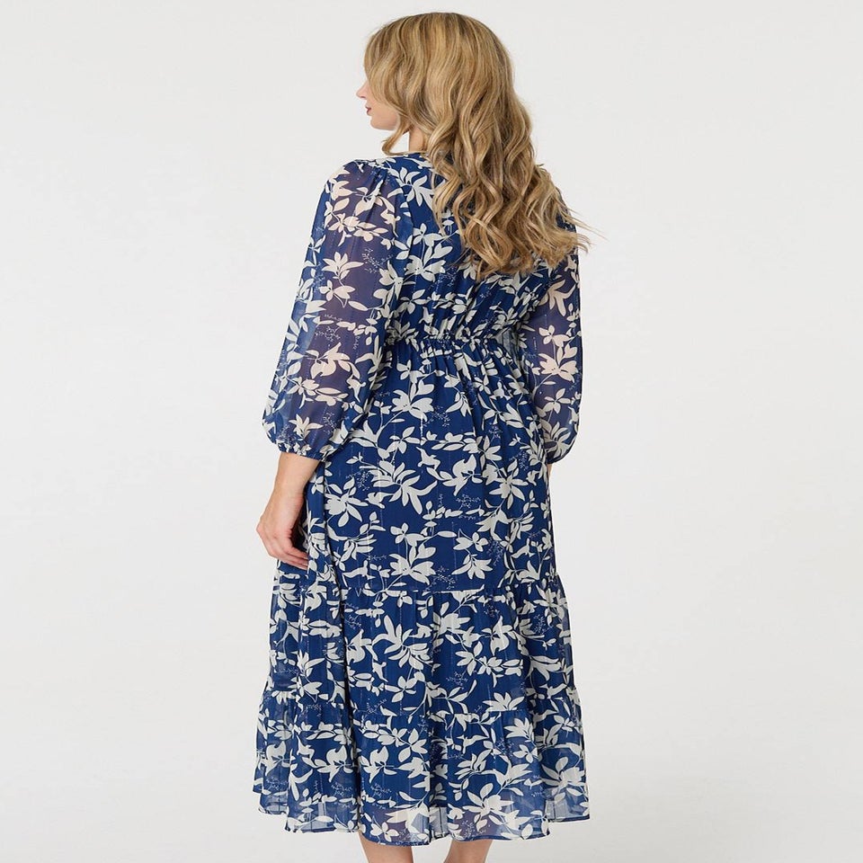 Izabel London Navy Leaf Print Sheer Layer Empire Maxi Dress