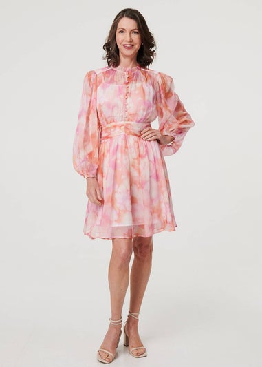 Izabel London Pink High Neck Semi Sheer Short Dress