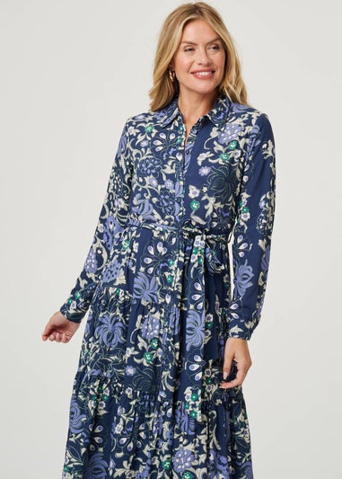 Izabel London Navy Floral Tie Waist Tiered Midi Dress